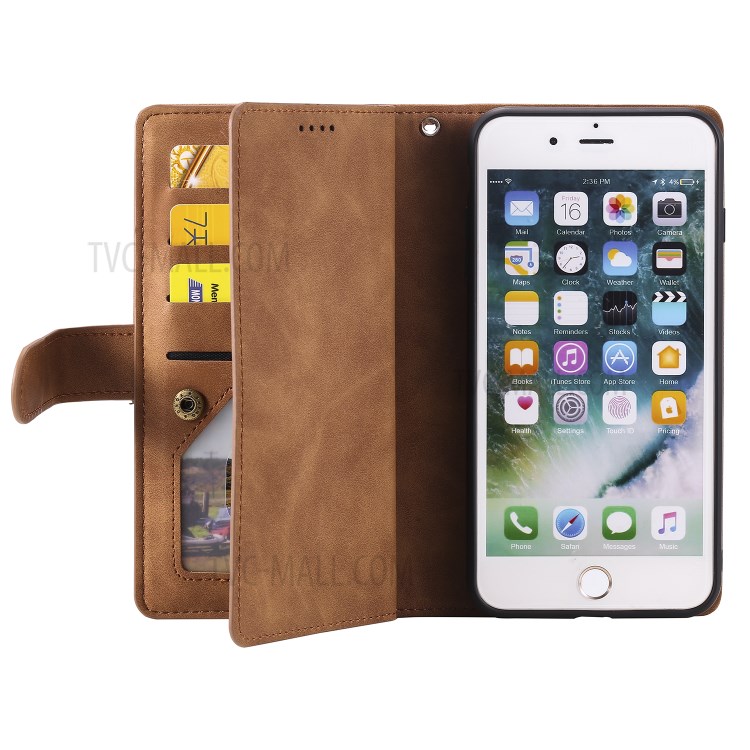 Poche À Fermeture Éclair 9 Fentes Pour Cartes Cas De Porte-monnaie En Cuir Pour Iphone 8 Plus / 7 Plus - Marron-6