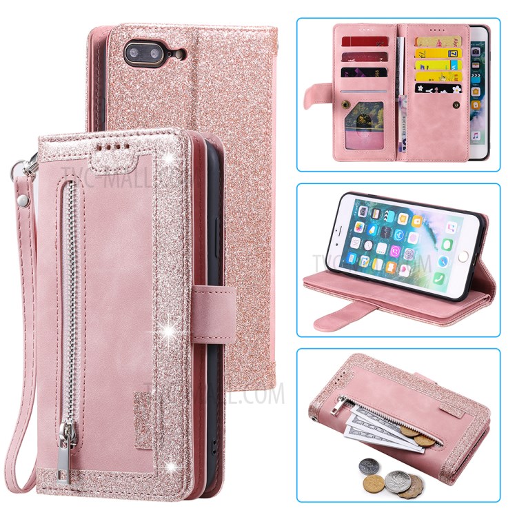 Zipper Pocket 9 Card Slots Leather Wallet Case for iPhone 8 Plus/7 Plus - Rose Gold-1