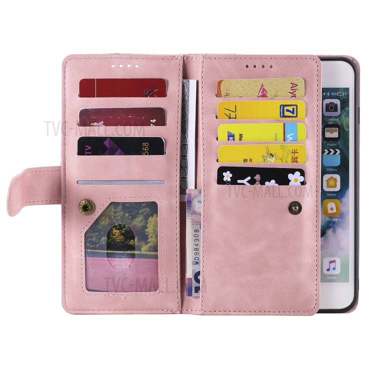 Zipper Pocket 9 Card Slots Leather Wallet Case for iPhone 8 Plus/7 Plus - Rose Gold-4
