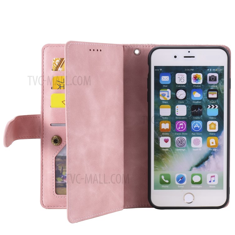Zipper Pocket 9 Card Slots Leather Wallet Case for iPhone 8 Plus/7 Plus - Rose Gold-5