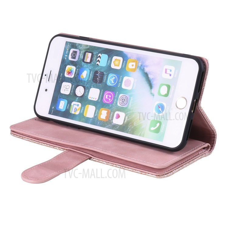 Zipper Pocket 9 Card Slots Leather Wallet Case for iPhone 8 Plus/7 Plus - Rose Gold-9