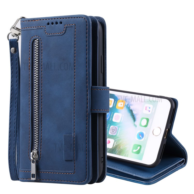 Poche À Fermeture Éclair 9 Fentes Pour Cartes Cas De Porte-monnaie En Cuir Pour Iphone 8 Plus / 7 Plus - Bleu-5