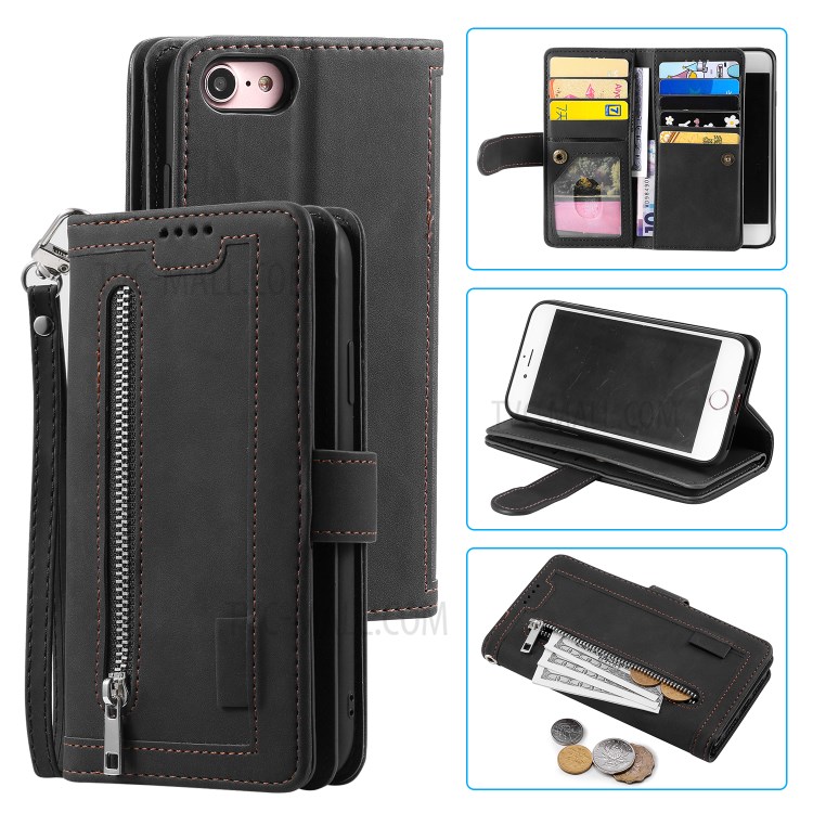 Pocket 9 Slots De Cartão Caso Shell Carteira De Couro Com Zíper Para O IPhone 7/8 - Preto-1
