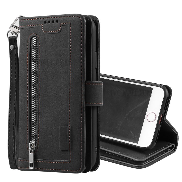 Pocket 9 Slots De Cartão Caso Shell Carteira De Couro Com Zíper Para O IPhone 7/8 - Preto-2