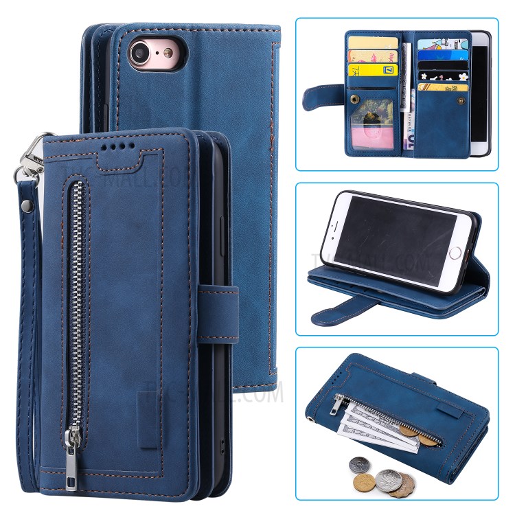 Zipper Pocket 9 Card Slots Leather Wallet Shell Case for iPhone 7/8 - Blue-1