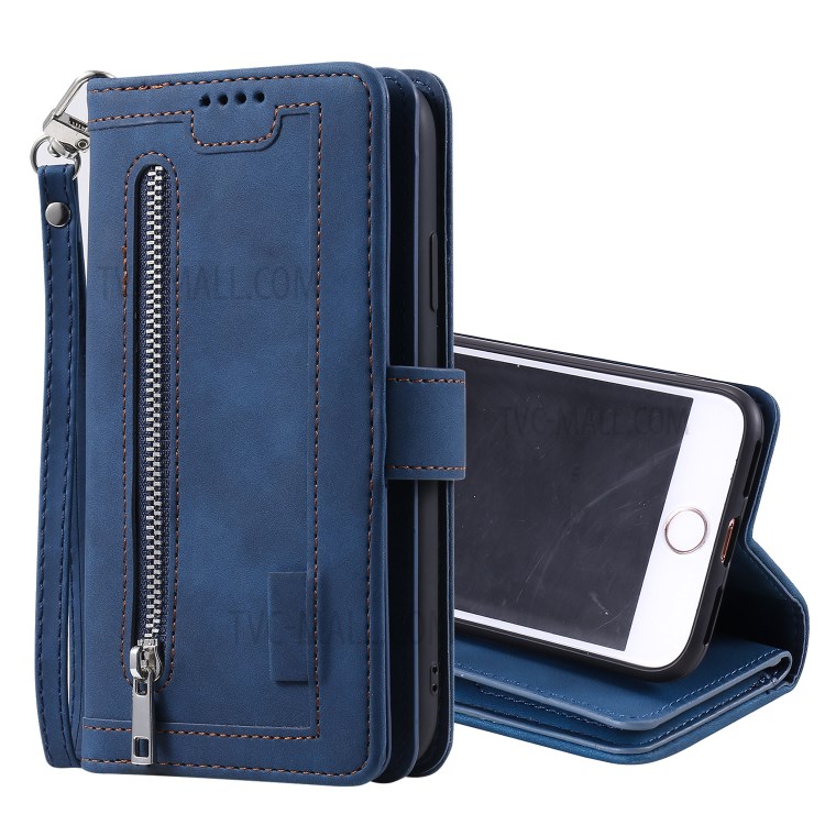 Zipper Pocket 9 Card Slots Leather Wallet Shell Case for iPhone 7/8 - Blue-11