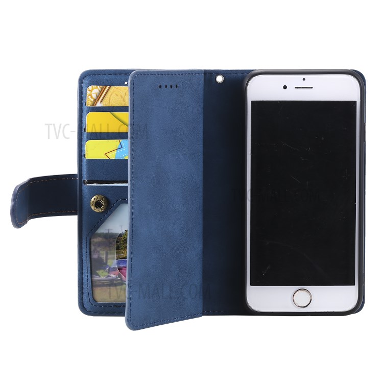 Zipper Pocket 9 Card Slots Leather Wallet Shell Case for iPhone 7/8 - Blue-6