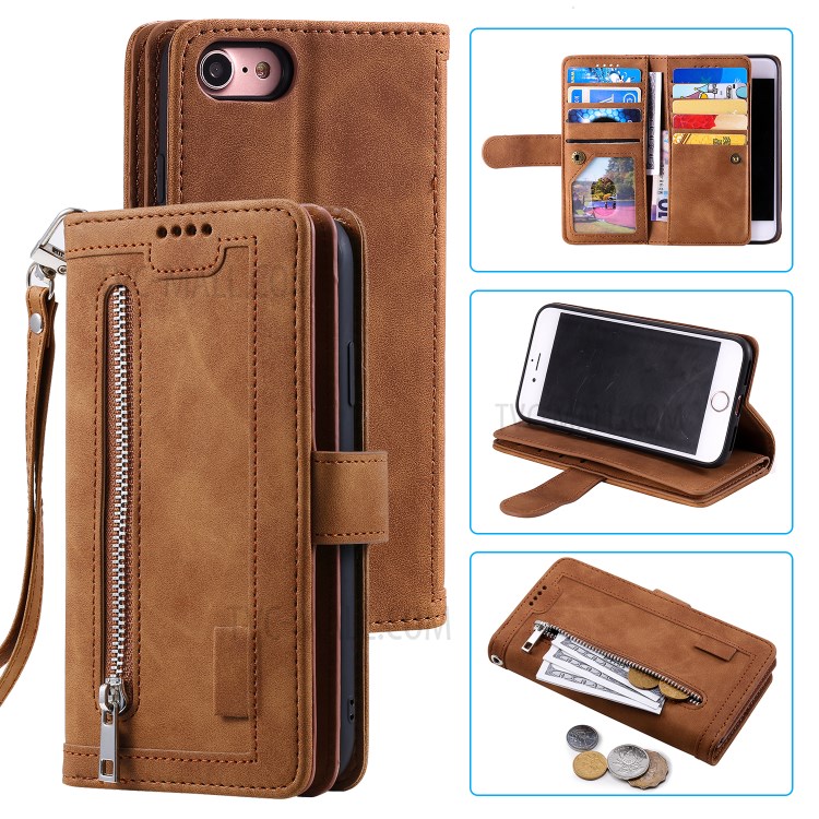 Zipper Pocket 9 Card Slots Leather Wallet Shell Case for iPhone 7/8 - Brown-1