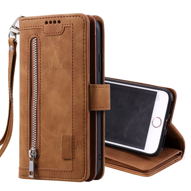 Zipper Pocket 9 Card Slots Leather Wallet Shell Case for iPhone 7/8 - Brown-10