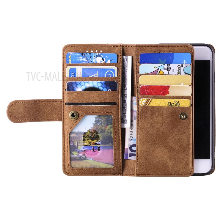 Zipper Pocket 9 Card Slots Leather Wallet Shell Case for iPhone 7/8 - Brown-4