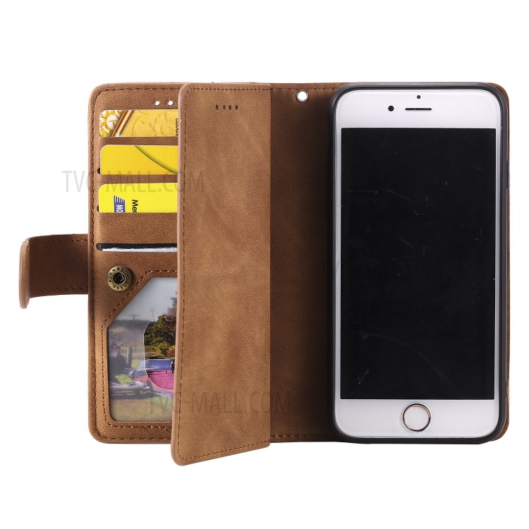 Zipper Pocket 9 Card Slots Leather Wallet Shell Case for iPhone 7/8 - Brown-5