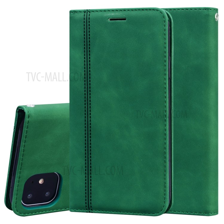 Auto-absorbed Stand Leather Card Holder Case for iPhone 11 6.1 inch - Green-1