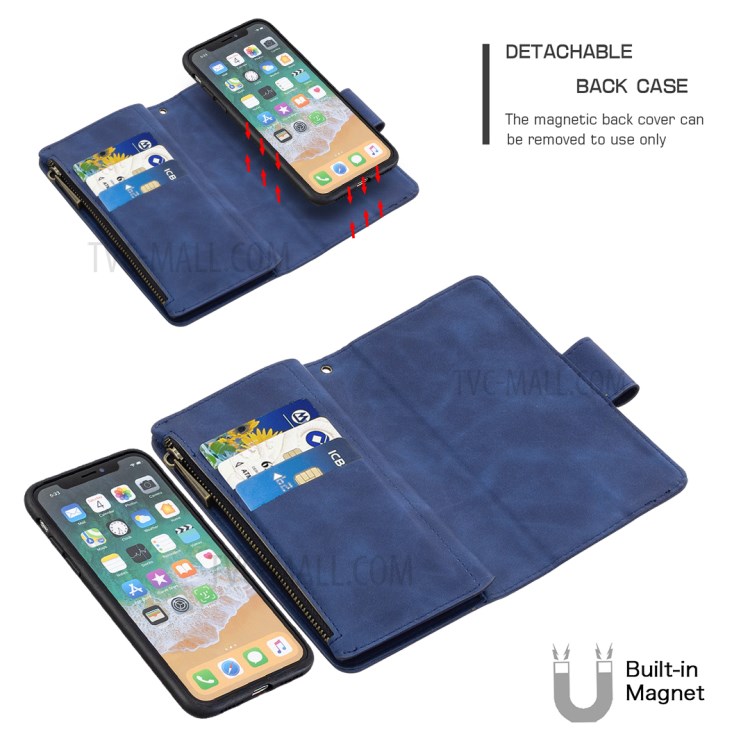 Bolso Zíper Caso Carteira Destacável 2-in-1 Couro Para Iphone XS / X - Azul-2