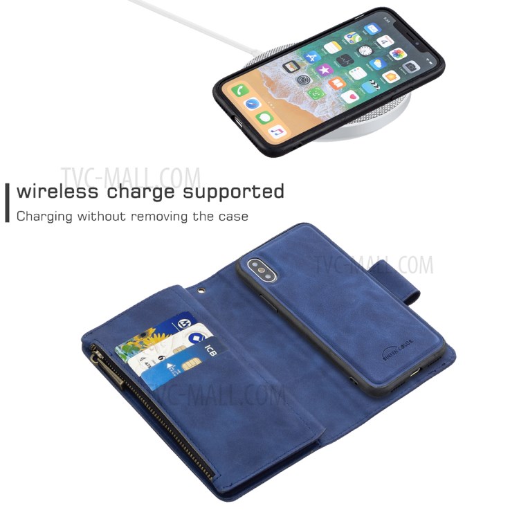 Bolso Zíper Caso Carteira Destacável 2-in-1 Couro Para Iphone XS / X - Azul-5