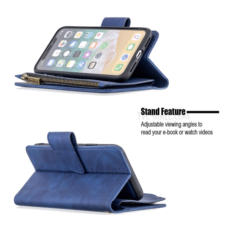 Bolso Zíper Caso Carteira Destacável 2-in-1 Couro Para Iphone XS / X - Azul-6