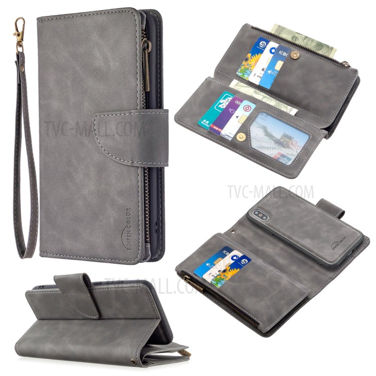 Custodia Per il Portafoglio in Pelle da 2 in 1 Tascabile Con Zipper Per Iphone XS/X - Grigio