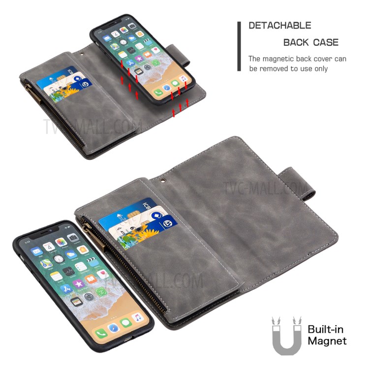 Case de Billetera de Cuero 2-en-1 de Bolsillo Con Cremallera Para Iphone XS/X - Gris