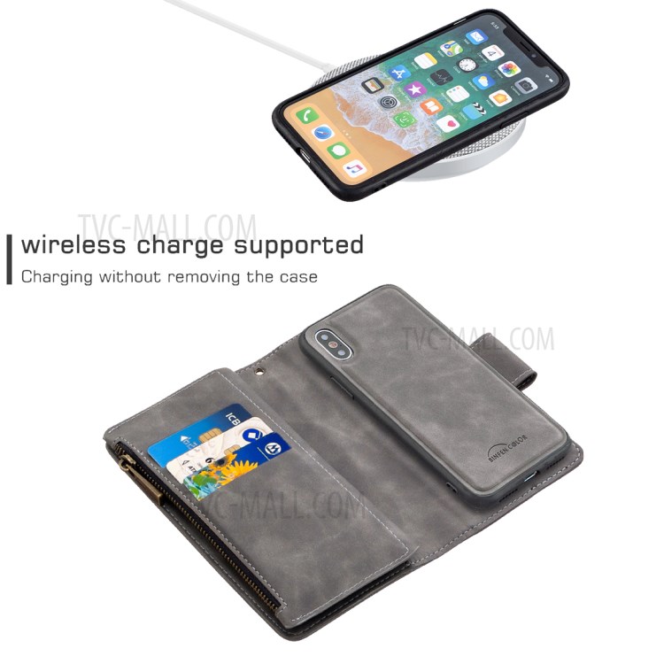 Custodia Per il Portafoglio in Pelle da 2 in 1 Tascabile Con Zipper Per Iphone XS/X - Grigio