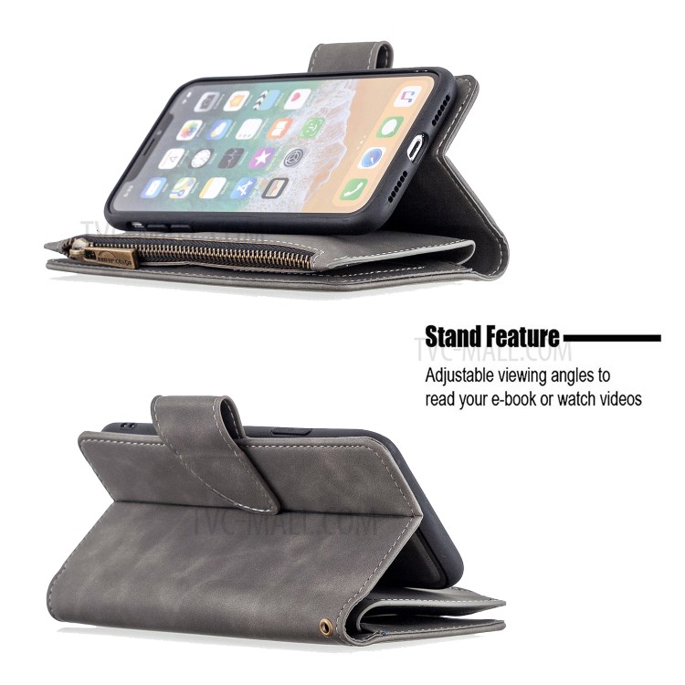 Zipper Pocket Detachable 2-in-1 Leather Wallet Case for iPhone XS/X - Grey-6