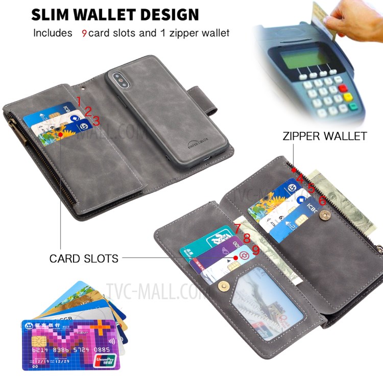 Case de Billetera de Cuero 2-en-1 de Bolsillo Con Cremallera Para Iphone XS/X - Gris