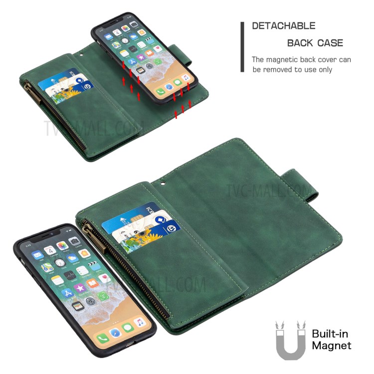 Zipper Pocket Detachable 2-in-1 Leather Wallet Case for iPhone XS/X - Green-2