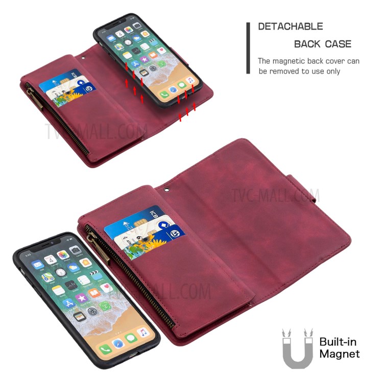 Zipper Pocket Detachable 2-in-1 Leather Wallet Case for iPhone XS/X - Red-2