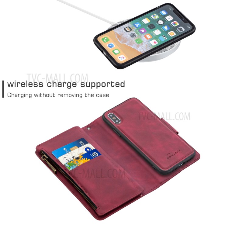 Zipper Pocket Detachable 2-in-1 Leather Wallet Case for iPhone XS/X - Red-5