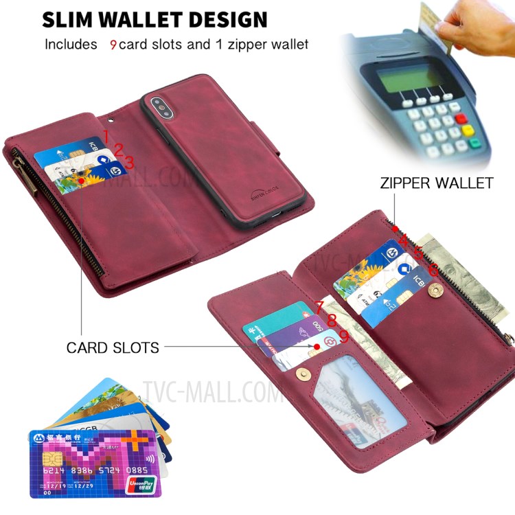 Zipper Pocket Detachable 2-in-1 Leather Wallet Case for iPhone XS/X - Red-7