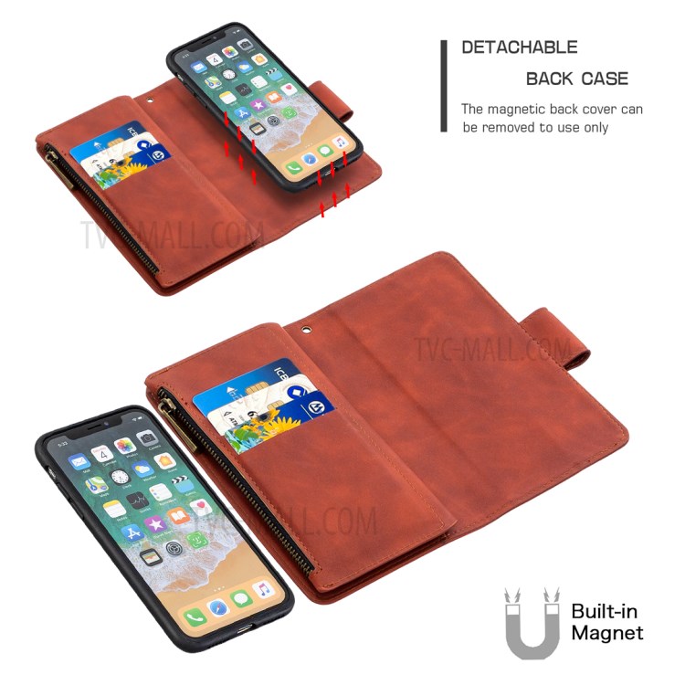 Estuche De Billetera De Cuero 2 En 1 De Bolsillo Con Cremallera Para IPhone XS / X - Marrón