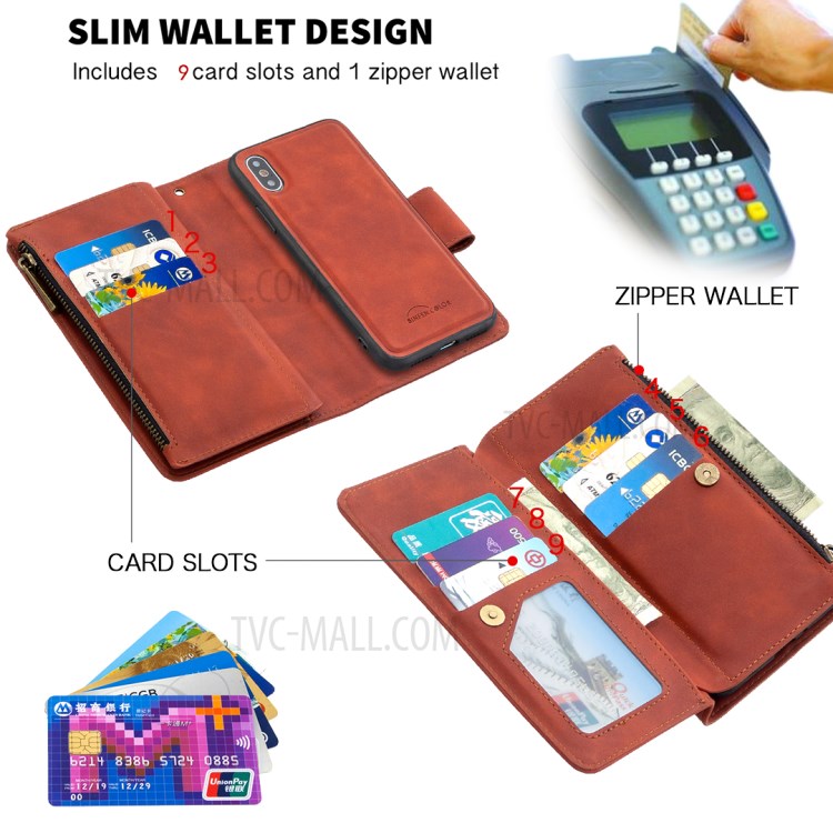 Zipper Pocket Detachable 2-in-1 Leather Wallet Case for iPhone XS/X - Brown-7