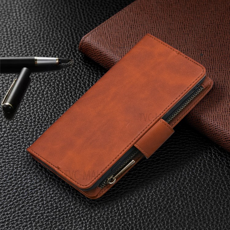 Capa De Carteira De Couro 2-em-1 De Bolso Zíper Para Iphone Xs / X - Castanho