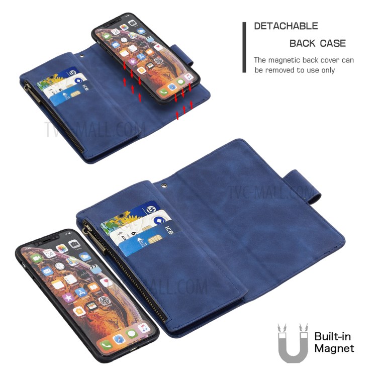 Bolsillo Con Cremallera Caso Soporte De La Carpeta 2-in-1 Piel Desmontable Para El IPhone XS Max 6,5 Pulgadas - Azul-2