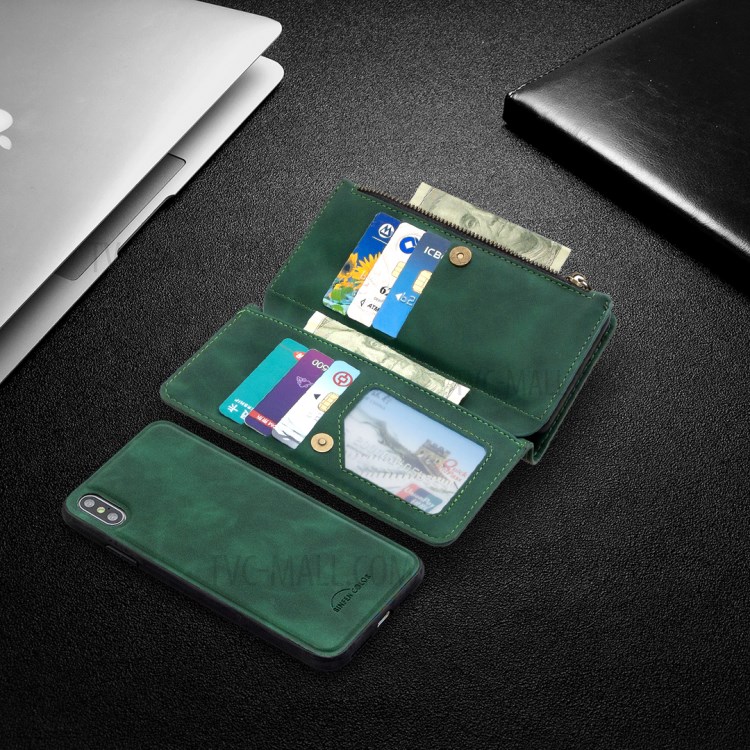 Zipper Pocket Detachable 2-in-1 Leather Wallet Stand Case for iPhone XS Max 6.5 inch - Green-10