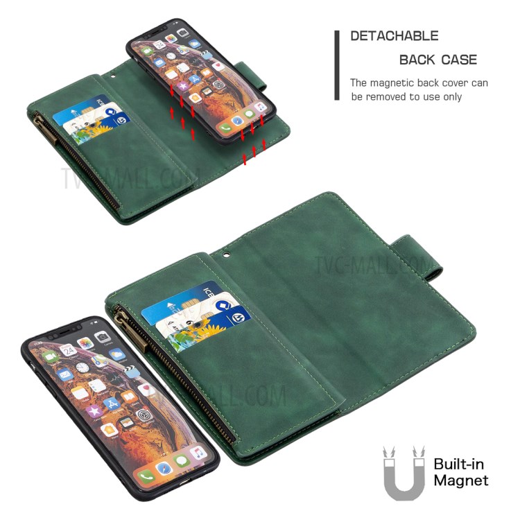 Zipper Pocket Detachable 2-in-1 Leather Wallet Stand Case for iPhone XS Max 6.5 inch - Green-2
