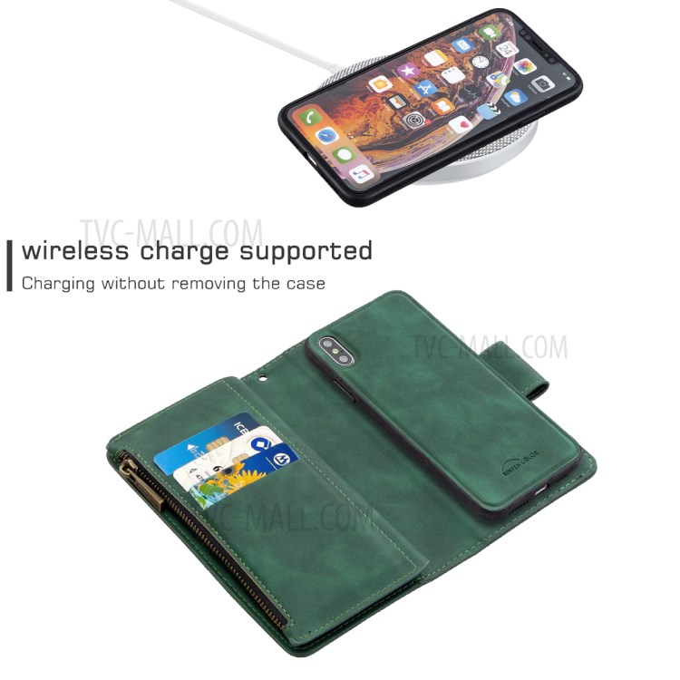 Zipper Pocket Detachable 2-in-1 Leather Wallet Stand Case for iPhone XS Max 6.5 inch - Green-5
