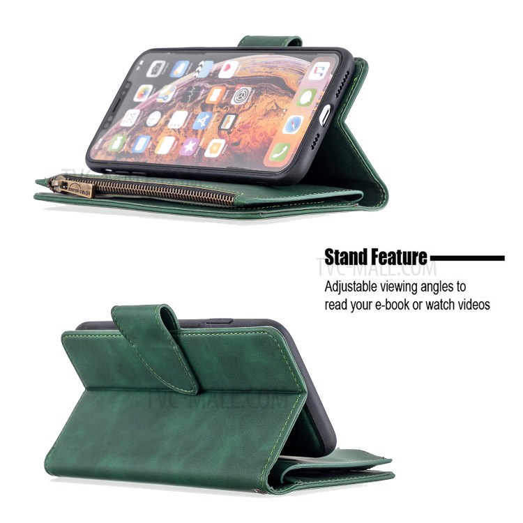 Zipper Pocket Detachable 2-in-1 Leather Wallet Stand Case for iPhone XS Max 6.5 inch - Green-6