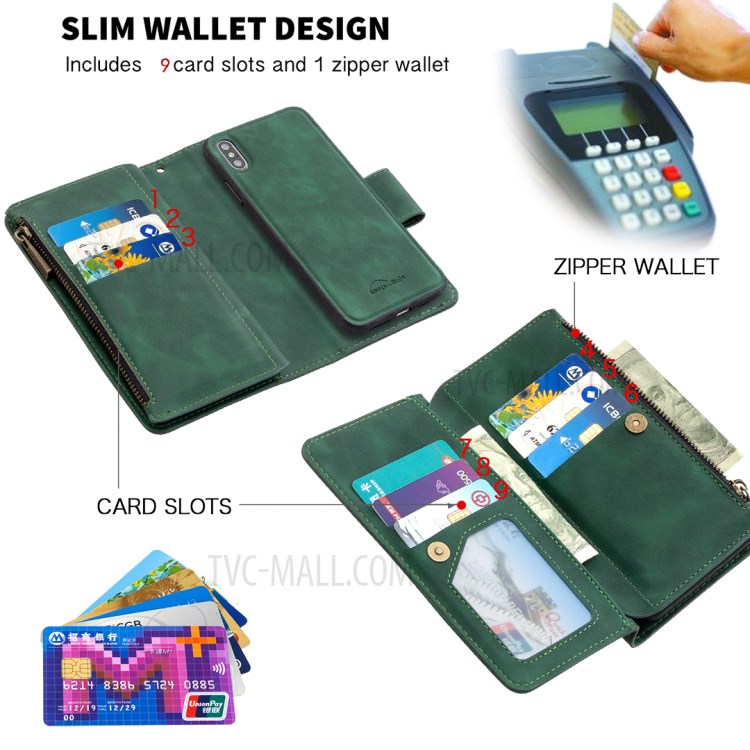 Zipper Pocket Detachable 2-in-1 Leather Wallet Stand Case for iPhone XS Max 6.5 inch - Green-7