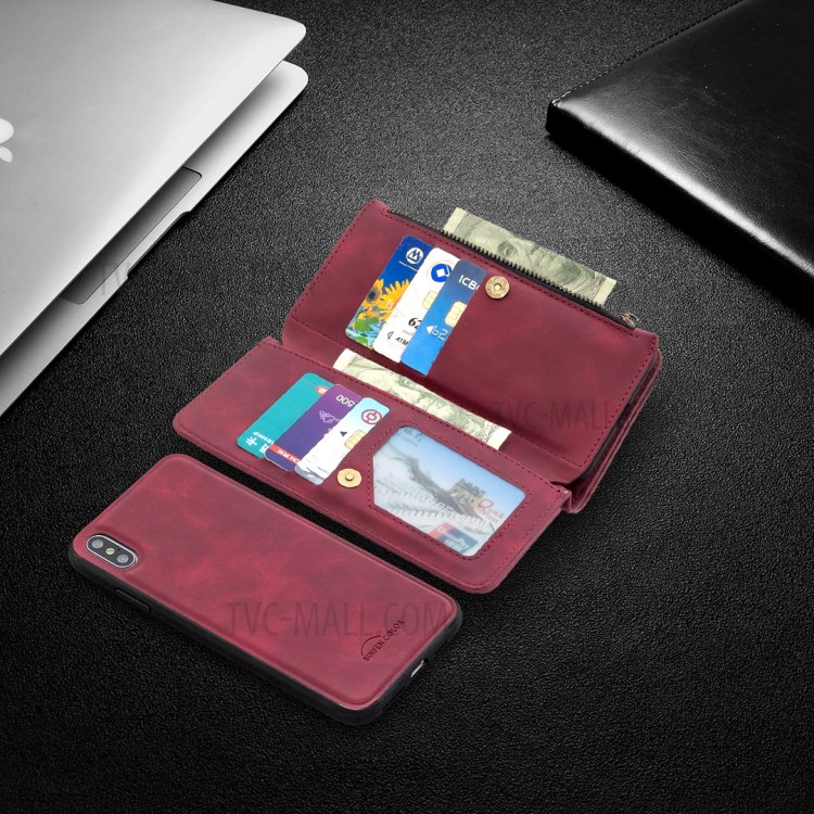 Zipper Pocket Detachable 2-in-1 Leather Wallet Stand Case for iPhone XS Max 6.5 inch - Red-10