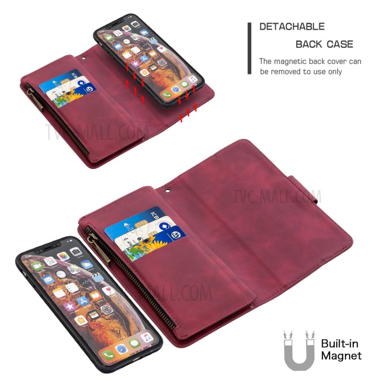 Zipper Pocket Detachable 2-in-1 Leather Wallet Stand Case for iPhone XS Max 6.5 inch - Red-2