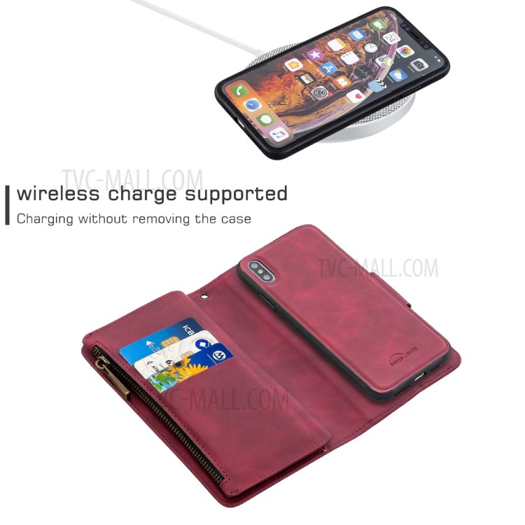 Zipper Pocket Detachable 2-in-1 Leather Wallet Stand Case for iPhone XS Max 6.5 inch - Red-5