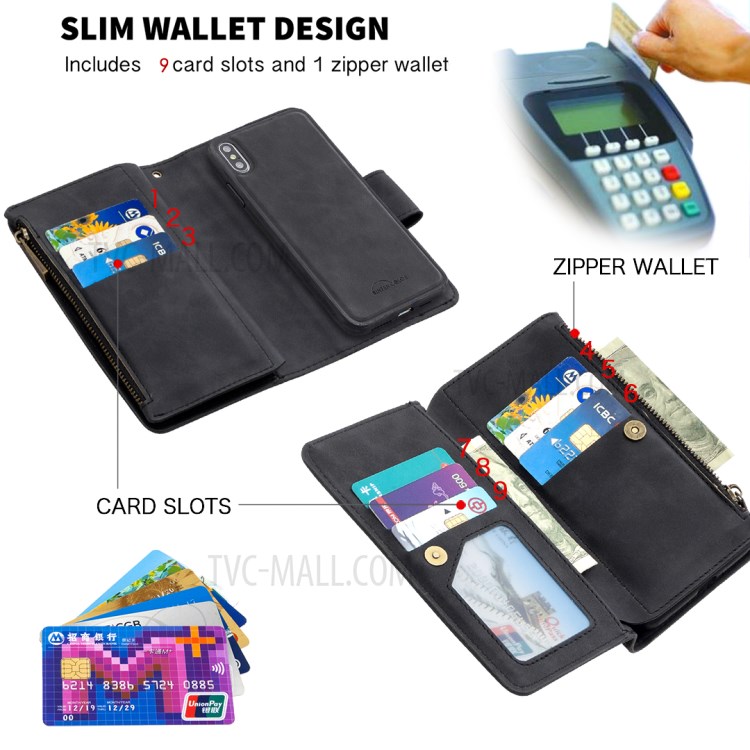 Zipper Pocket Detachable 2-in-1 Leather Wallet Stand Case for iPhone XS Max 6.5 inch - Black-7