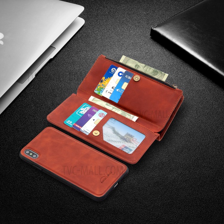Zipper Pocket Detachable 2-in-1 Leather Wallet Stand Case for iPhone XS Max 6.5 inch - Brown-10