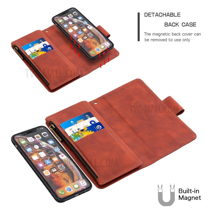 Zipper Pocket Detachable 2-in-1 Leather Wallet Stand Case for iPhone XS Max 6.5 inch - Brown-2