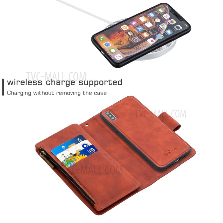 Zipper Pocket Detachable 2-in-1 Leather Wallet Stand Case for iPhone XS Max 6.5 inch - Brown-5