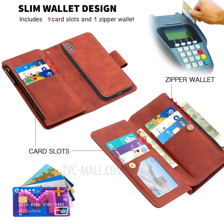 Zipper Pocket Detachable 2-in-1 Leather Wallet Stand Case for iPhone XS Max 6.5 inch - Brown-7
