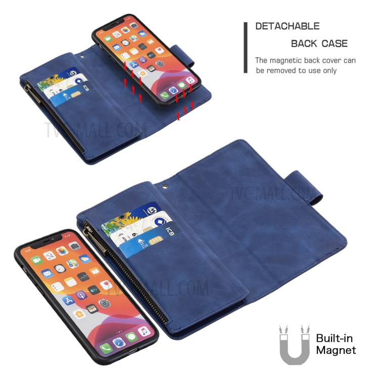 Zipper Pocket Detachable 2-in-1 Leather Wallet Stand Case for iPhone 11 Pro 5.8 inch - Blue-2