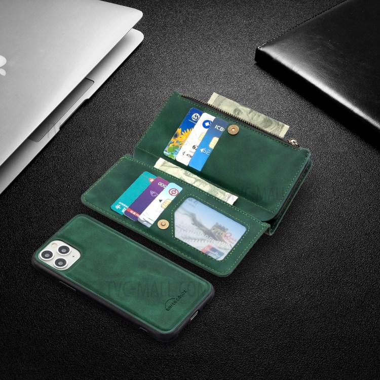 Zipper Pocket Detachable 2-in-1 Leather Wallet Stand Case for iPhone 11 Pro 5.8 inch - Green-10