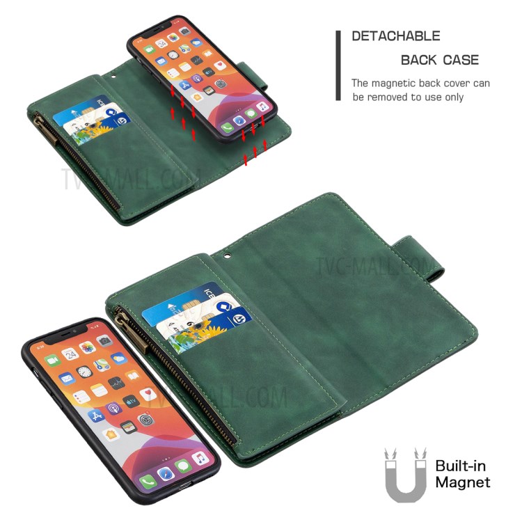 Zipper Pocket Detachable 2-in-1 Leather Wallet Stand Case for iPhone 11 Pro 5.8 inch - Green-2