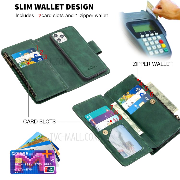Zipper Pocket Detachable 2-in-1 Leather Wallet Stand Case for iPhone 11 Pro 5.8 inch - Green-7