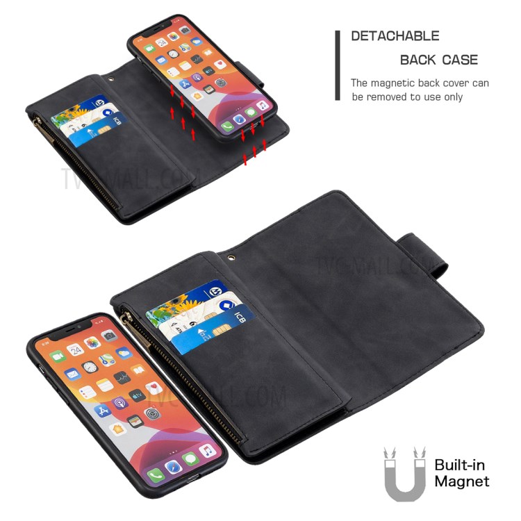 Zipper Pocket Detachable 2-in-1 Leather Wallet Stand Case for iPhone 11 Pro 5.8 inch - Black-2